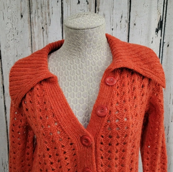 Women's Medium Vertigo Orange Open Weave 1/4 Button Pullover Sweater Top NEW nwt - Picture 3 of 9